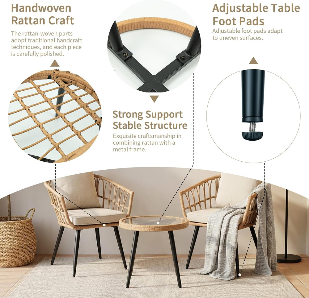3-Piece Patio Dining Set, Featuring a Round PE Rattan Table and 2 Chairs, Sui...