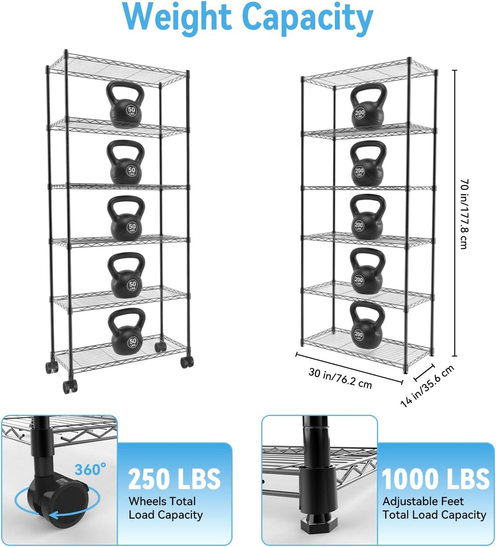 Whitmor 6 Tier Storage Shelves, Heavy Duty with Wheels, 200 lbs Capacity per ...