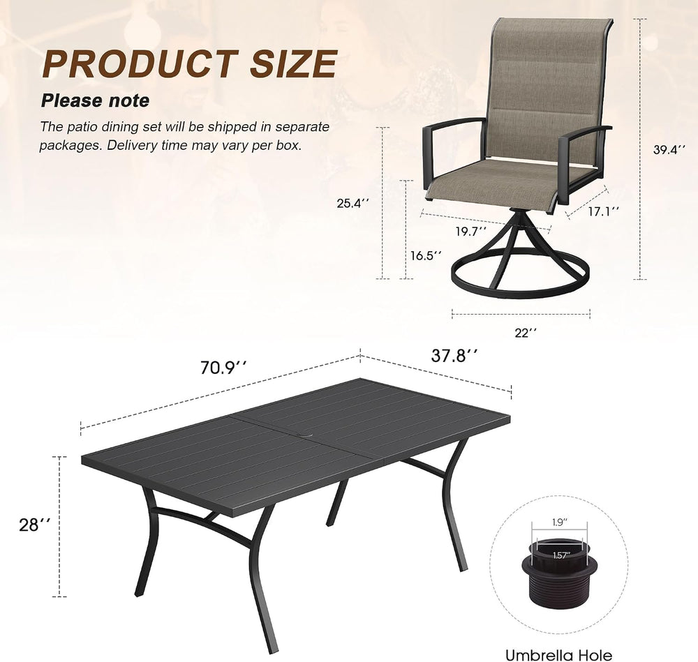 9PCS Outdoor Dining Set, 70.9" Rectangle Table, 8 Swivel Chairs, Brown