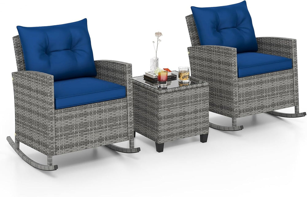 HAPPYGRILL 3 Pieces Patio Rattan Rocking Bistro Set, PE Wicker Rocking Chairs...