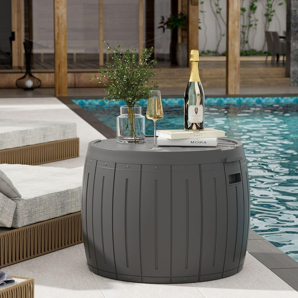 ZZM 33 Gallon Round Deck Box, Patio Side Table for Cushion, Picnic Bucket, Sm...