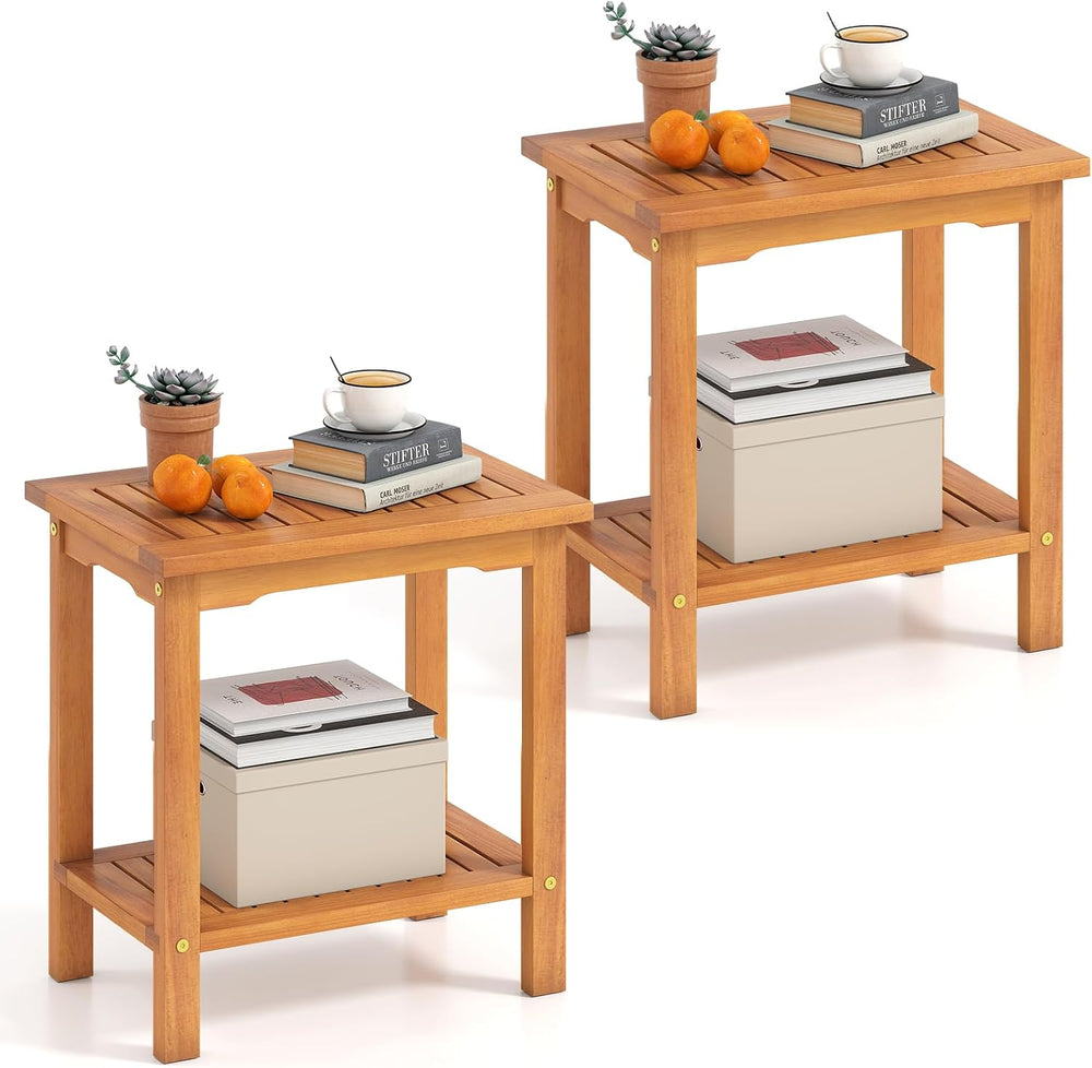 Tangkula Outdoor Side Table, 2-Tier Patio End Table with Slatted Tabletop &am...