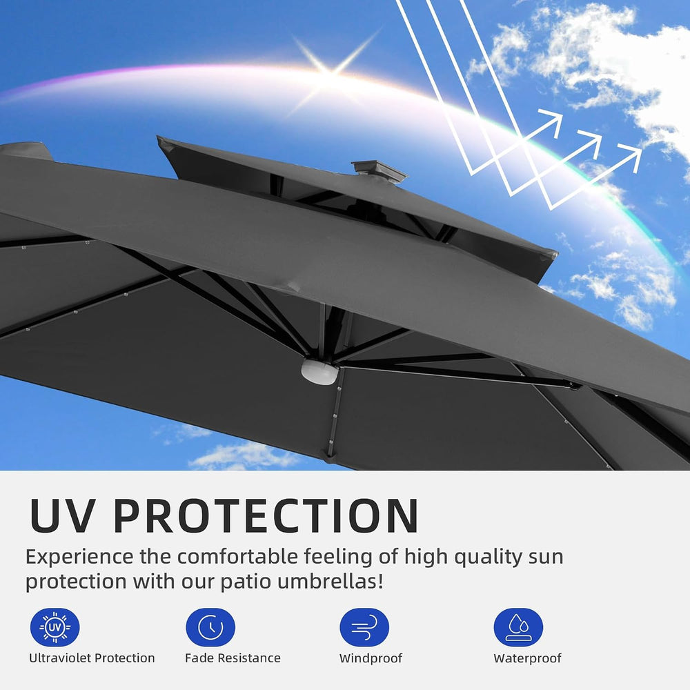 9x9 FT Cantilever Offset Patio Umbrella with Lights & Base