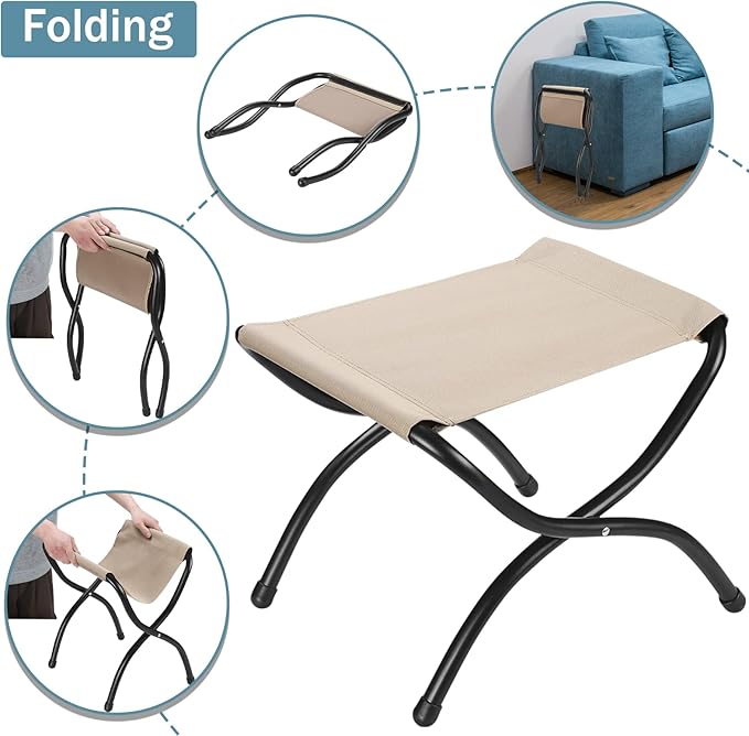 15" Foldable Foot Stool Ottoman with Metal Frame - Washable Light Grey U...