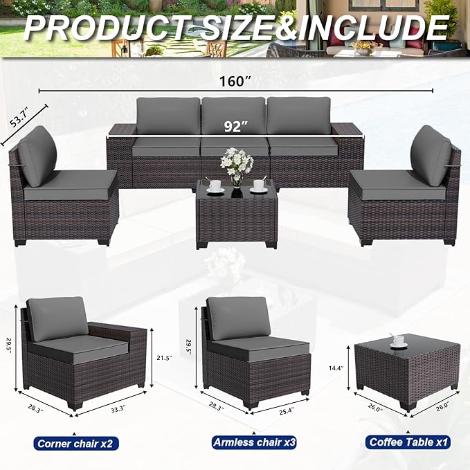 ALAULM 6 Pieces Patio Furniture Set, Oversized Seat/Armrest and High Back Wic...