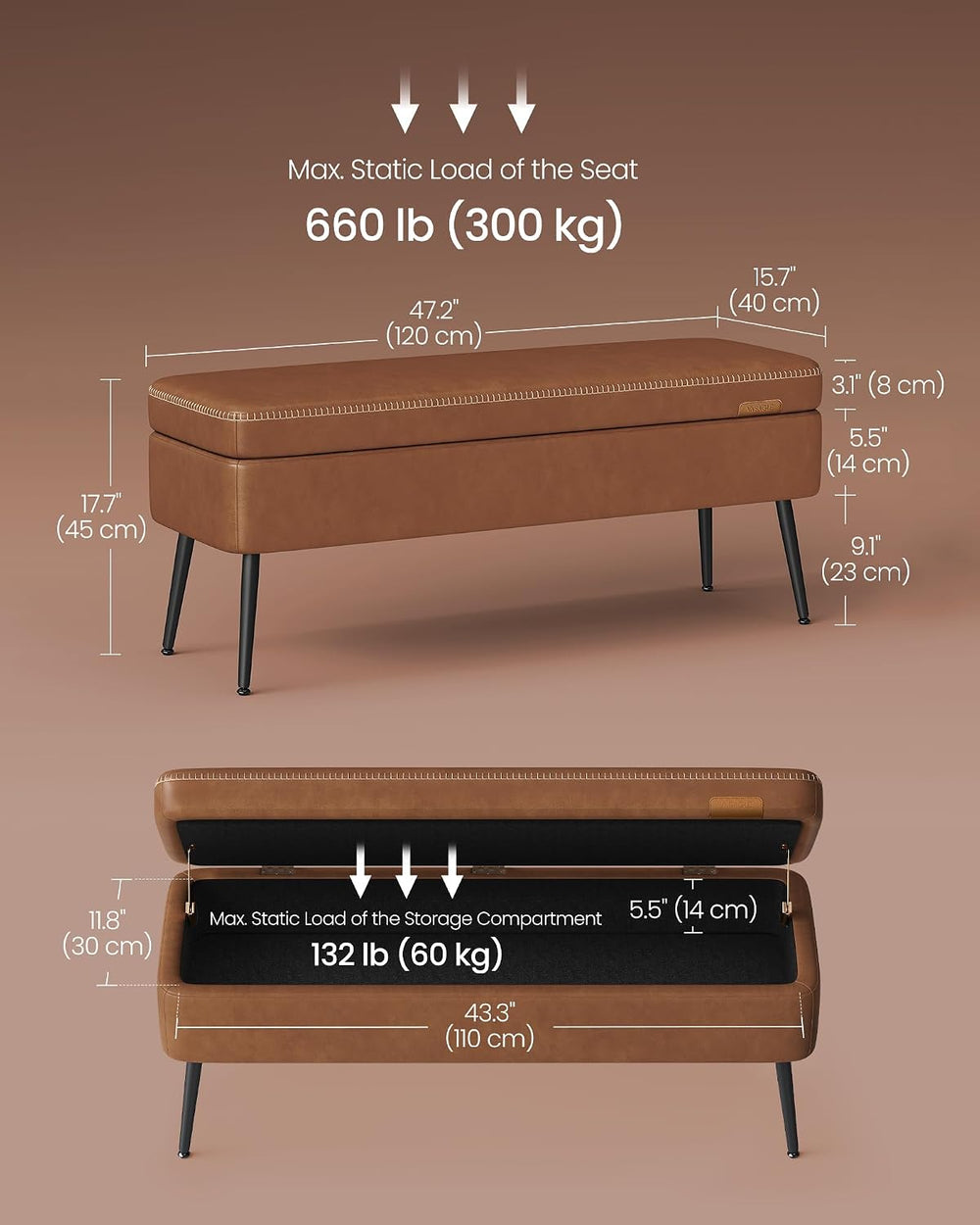 VASAGLE Storage Ottoman Bench, PU Leather, Steel Legs