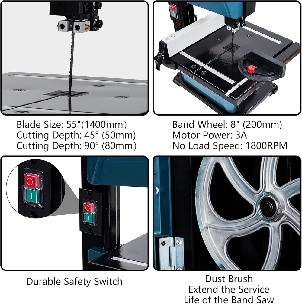 8 in Band Saw, ExploreHorizon 0-45 Tilting Range, 3A & 1800RPM Pure Coppe...