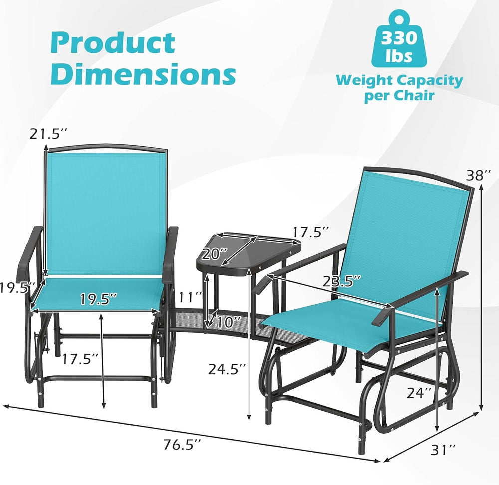 Tangkula 2-Seater Outdoor Glider Bench with 2-Tier Center Table (Turquoise)