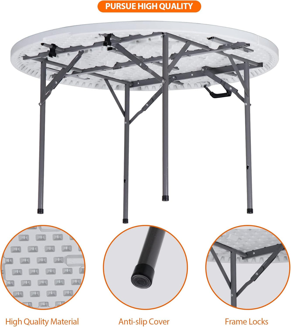 JupiterForce 4 FT Round Folding Table, 48" Indoor Outdoor Portable Plast...