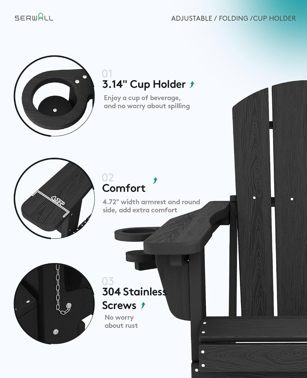 SERWALL Folding Adjustable Adirondack Chairs Set of 2, Cup Holders, Black