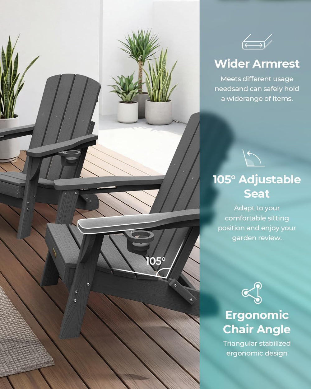 Folding Adirondack Chair, HDPE Adirondack Chairs with 2 Cup Holder, Plastic A...