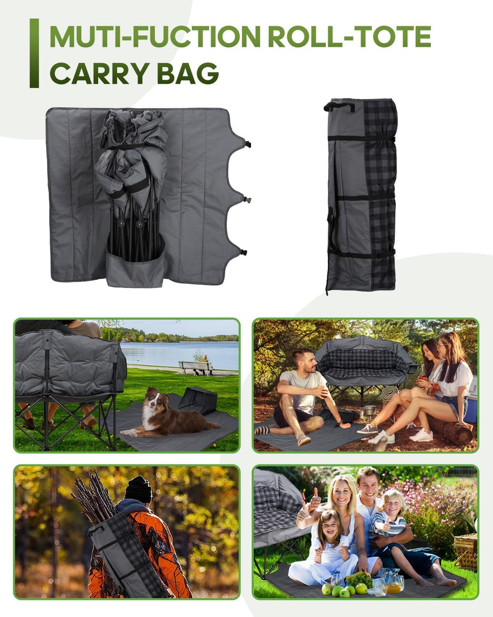 Heated Padded Double Camping Chair with 2 in 1 Carry Bag, 900LBS