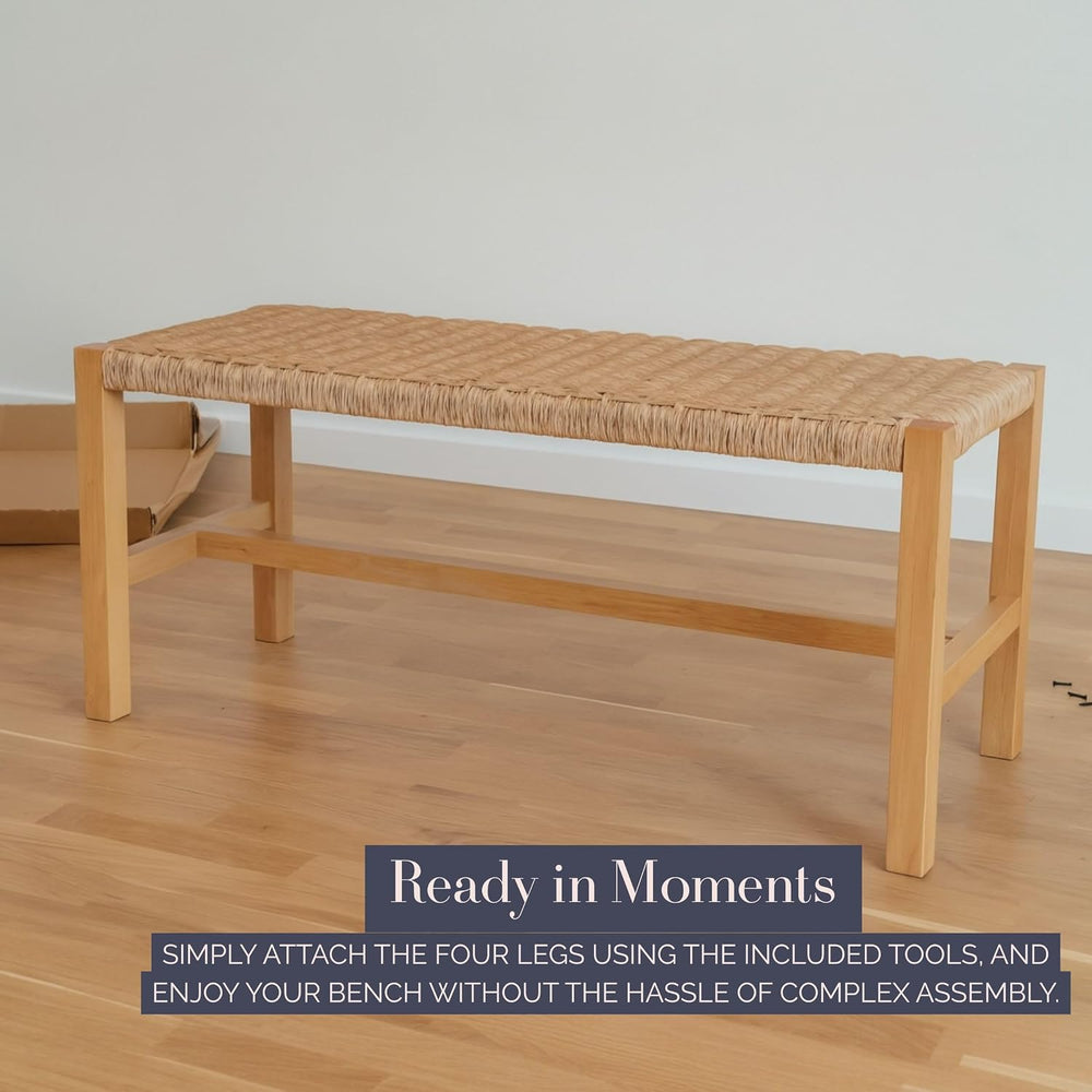 Alaterre Newport Solid Wood Entryway Bench with Woven Rope Seat, Light
