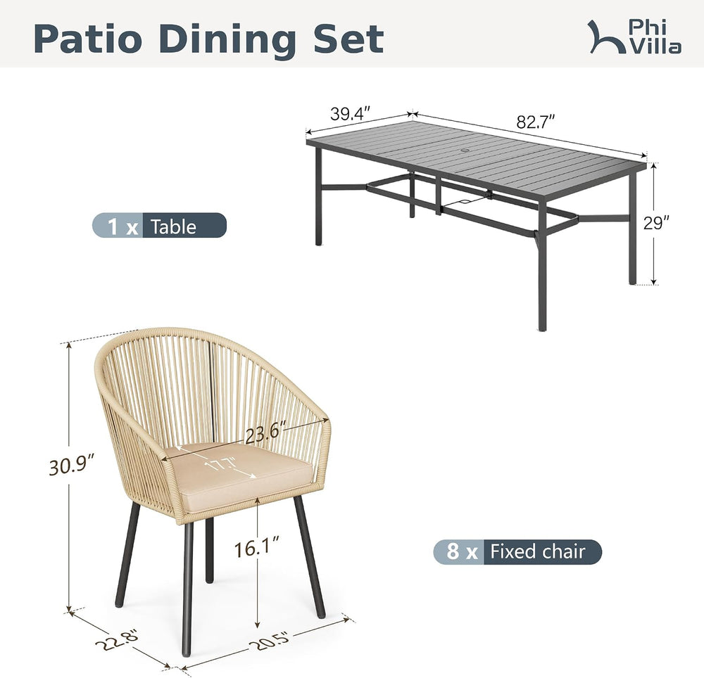 PHI VILLA 9pc Outdoor Dining Set, 83" Rectangle Table & 8 Rattan Chairs