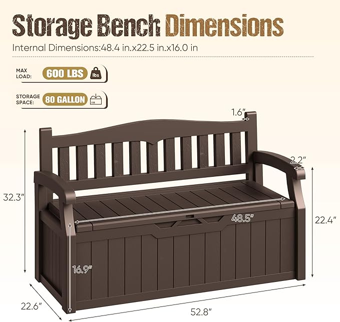 80-Gallon Outdoor Storage Bench, Waterproof Deck Box with Lockable Lid & ...