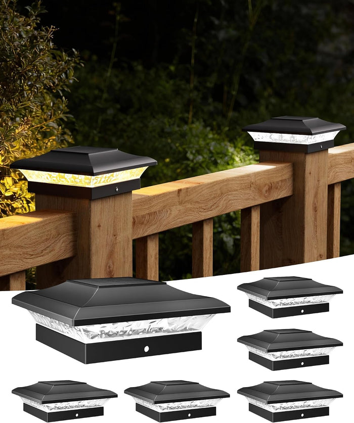 T-SUN 4x4 Solar Post Cap Light Black, 6 Pack Solar Post Lights 3000K/6000K