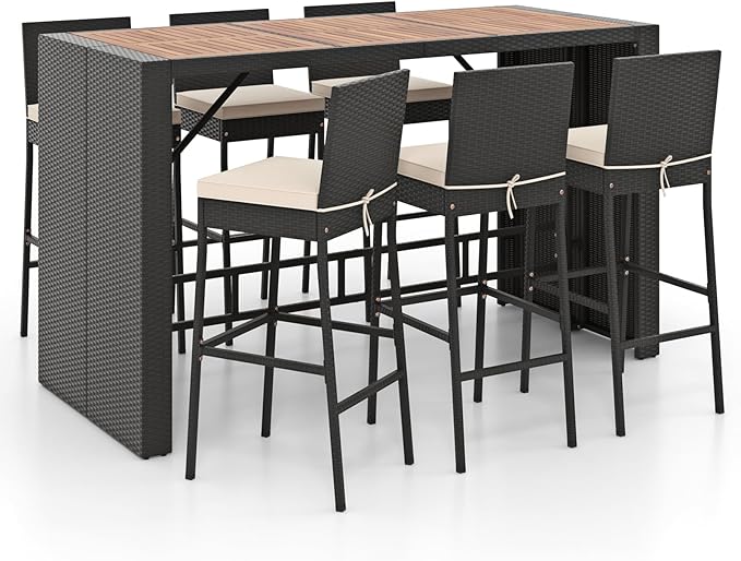 COSTWAY 7 PCS Patio Rattan Wicker Bar Set, 30'' Bar Height Chairs wit...