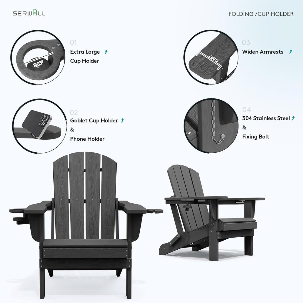 SERWALL Outdoor Adirondack Chairs with 2 Cup Holders,Foldable,Gray