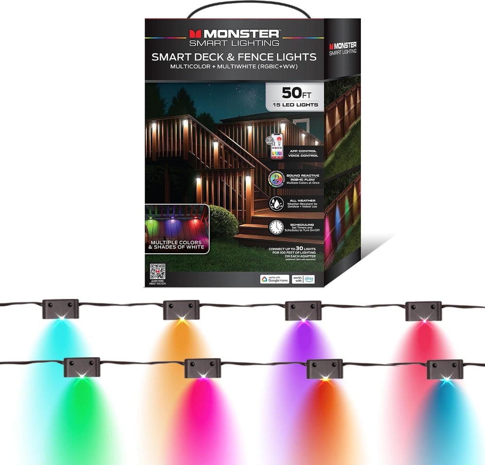 Monster Smart 50ft Deck & Fence Lights, WiFi Color Changing Outdoor LED S...