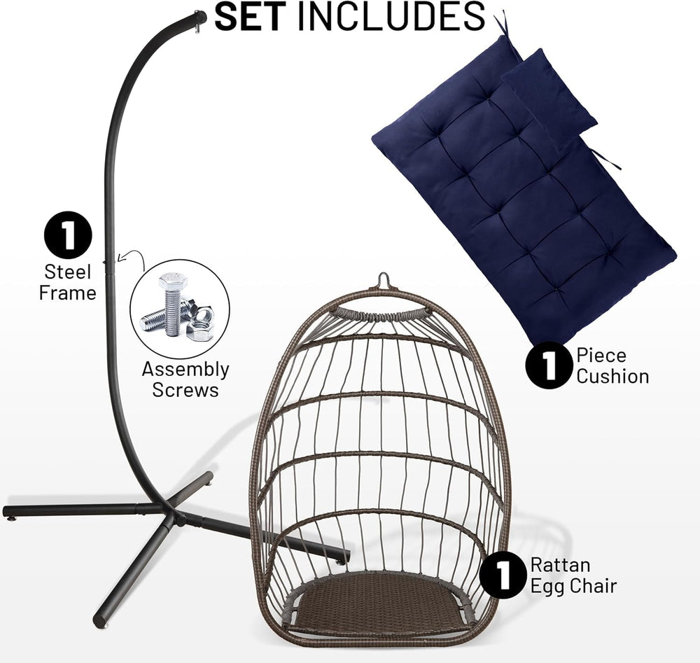 SereneLife Hanging Egg Chair with Stand - Wicker Rattan Swing