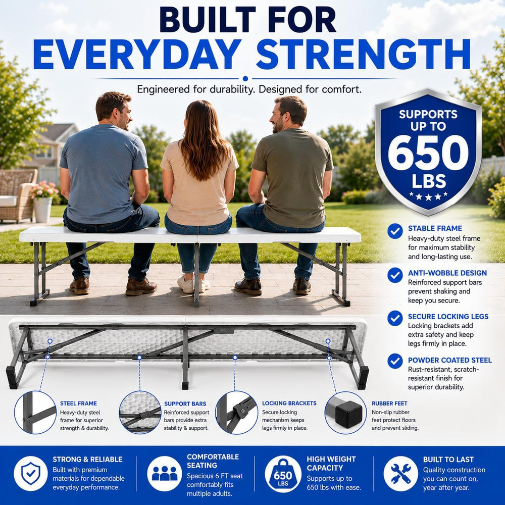 Plastic Folding Bench - Portable Bench Used for Indoor, Outdoor, Picnic, Part...
