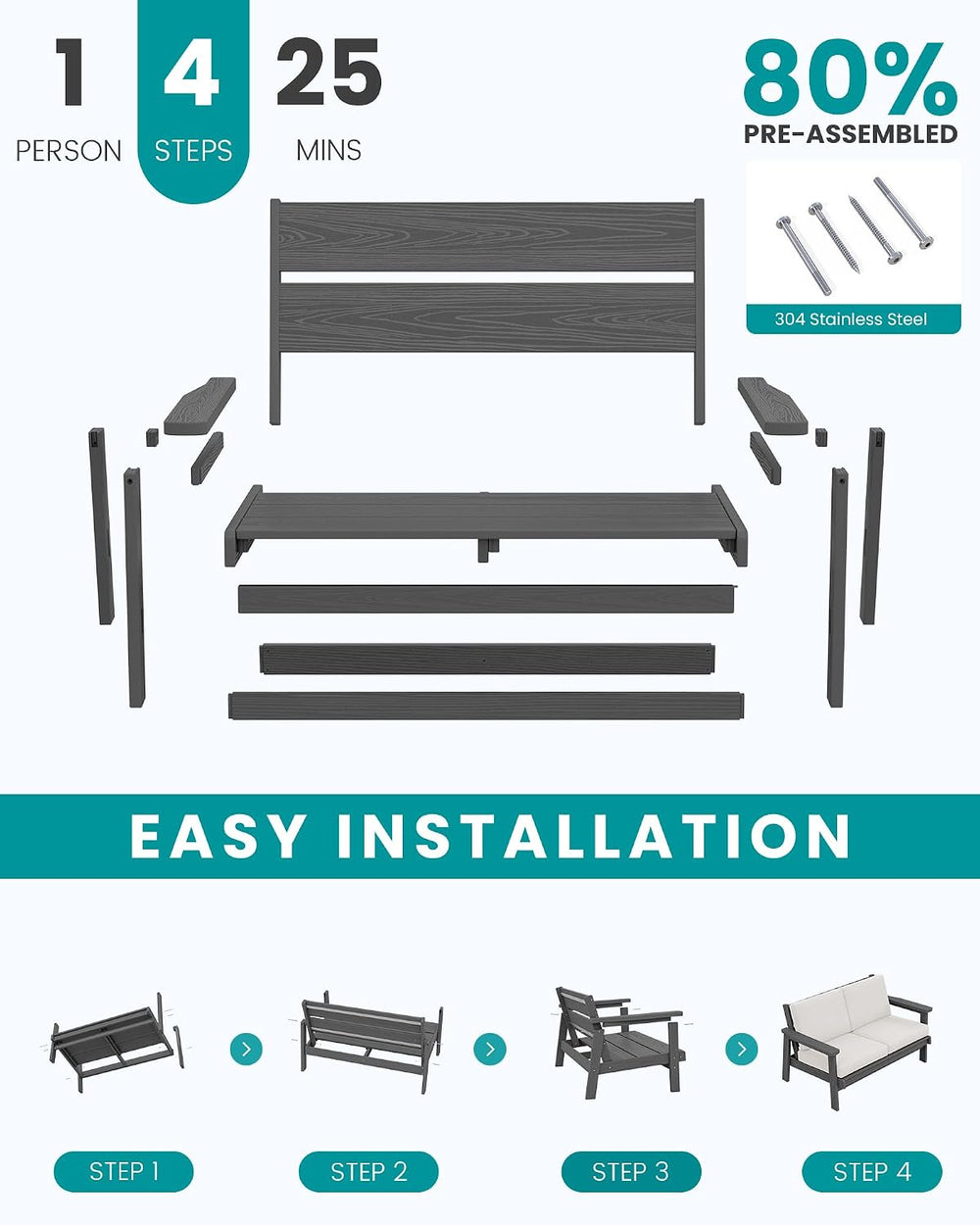 SERWALL HDPE Outdoor Loveseat, All Weather Patio Furniture Set