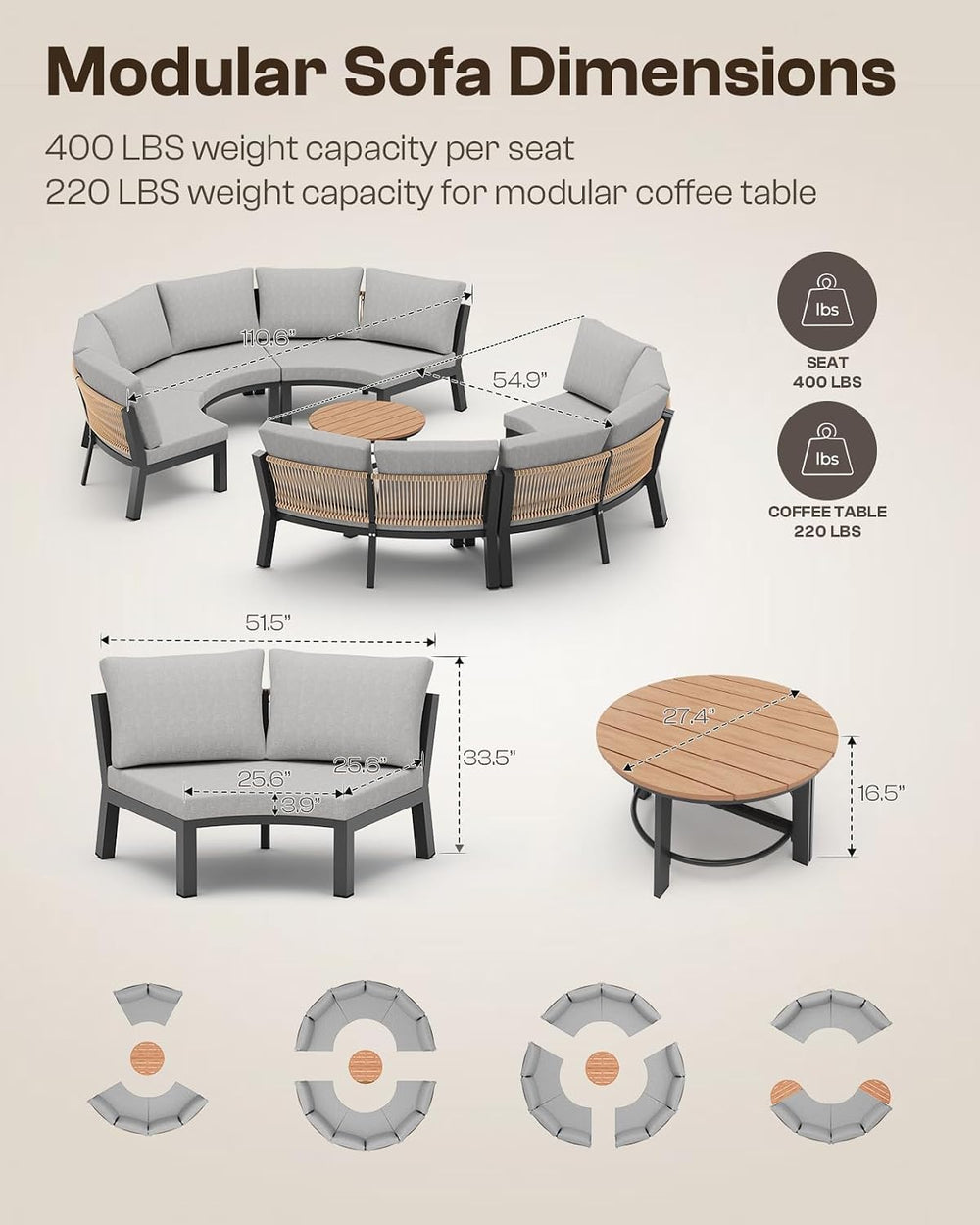 Luxury Patio Furniture Set for 7 People, 5-Piece Curved Patio Conversation Se...