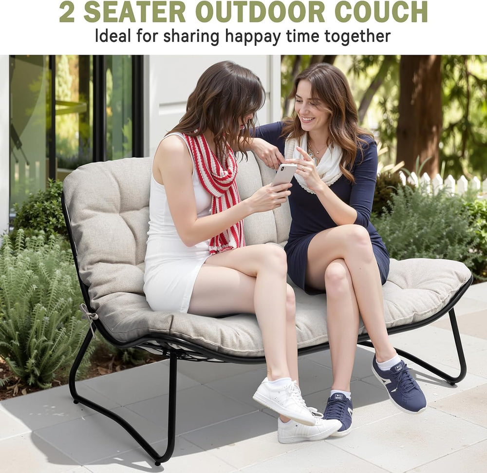 Outdoor Loveseat with Soft Cushion，Patio 2-Seat Boho Sofa (Beige)
