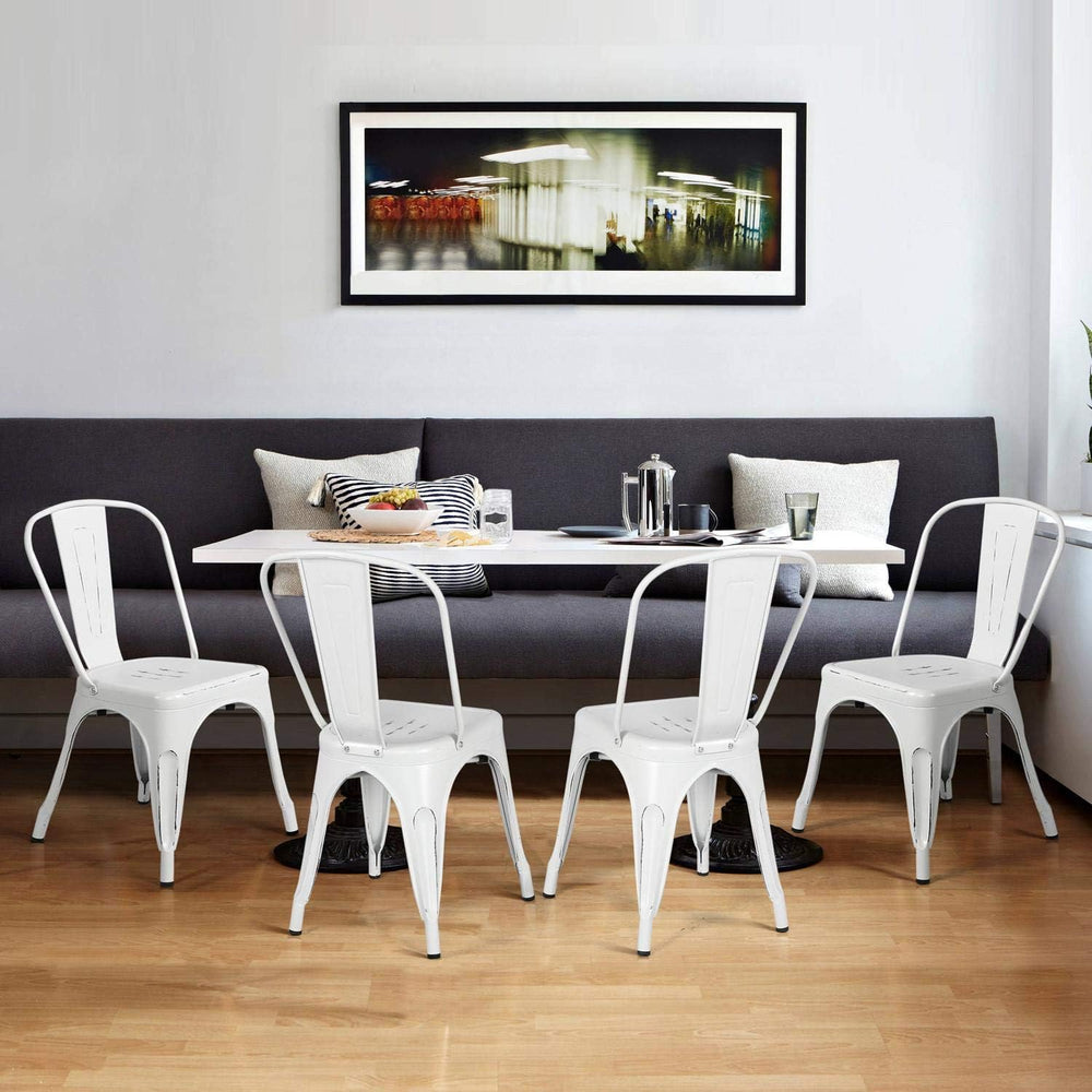 Topeakmart Metal Dining Chairs Set of 4 Stackable Chairs, Distressed White