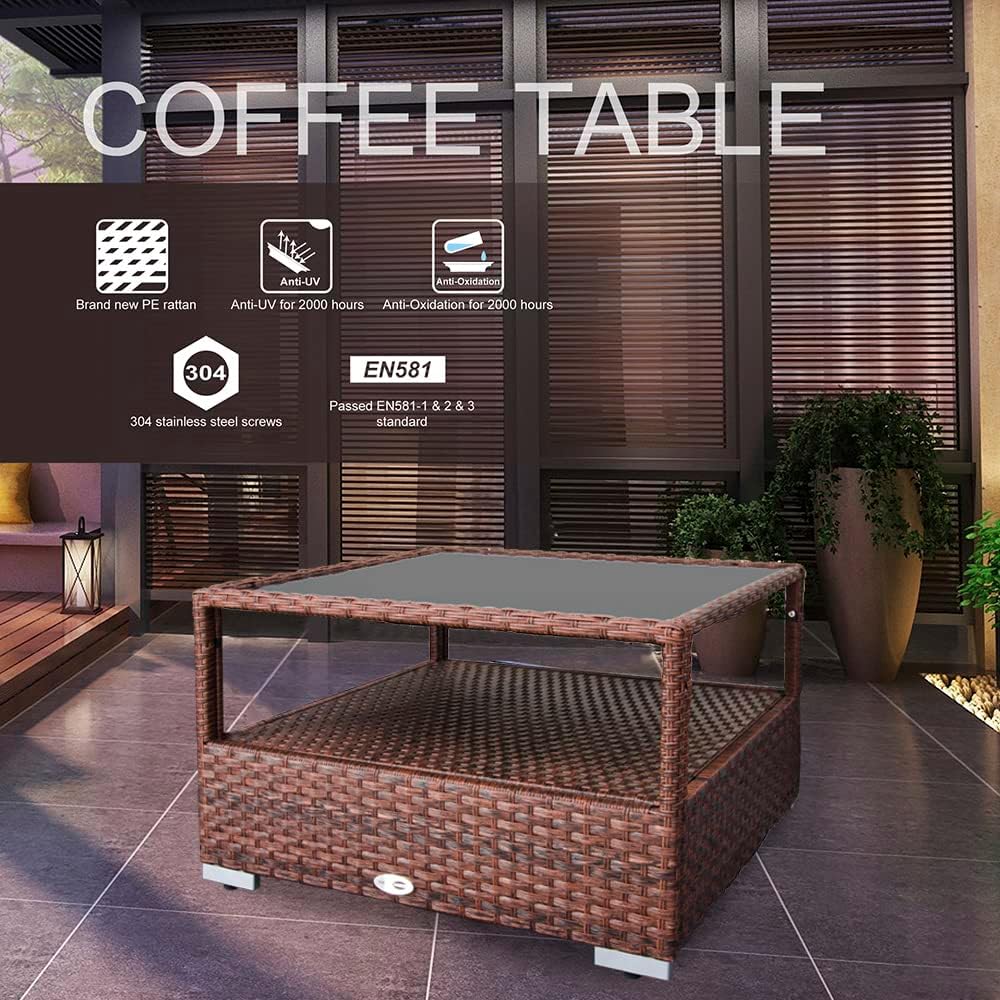DIMAR GARDEN Outdoor Coffee Table Wicker Patio Rattan Side Table with Glass T...