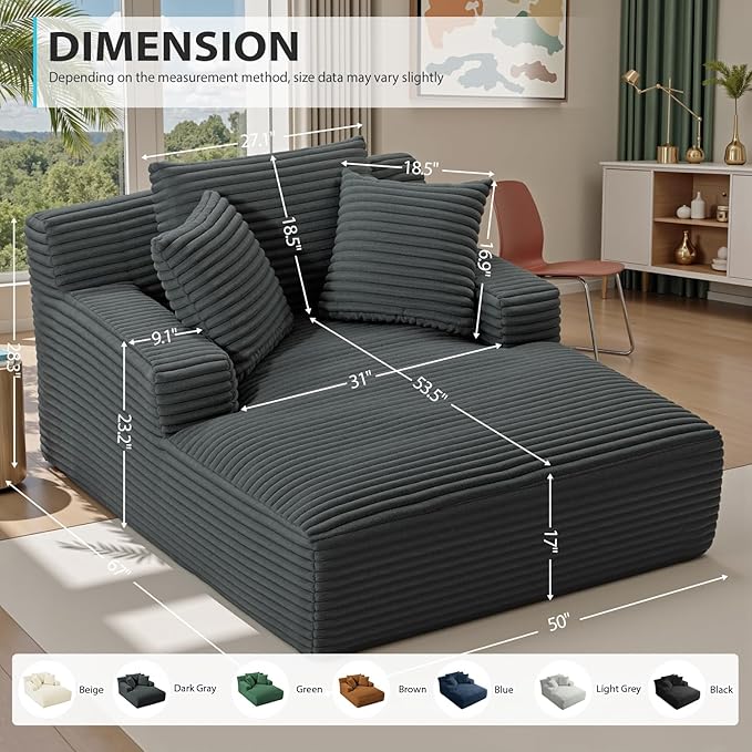 67 Inch Chaise Lounge Chair Indoor, Oversized Corduroy Upholstered Boneless S...