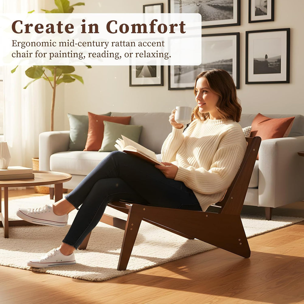 Rattan Accent Chair, Compact Low-Profile Bamboo Chair in Walnut