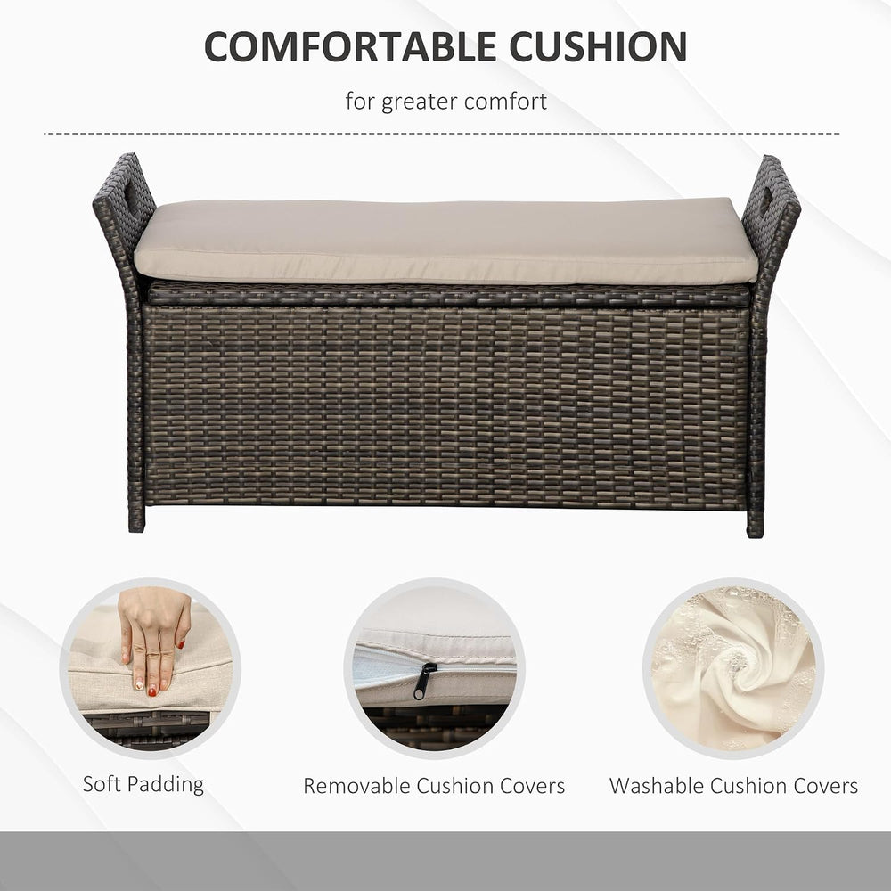 Outsunny 29 Gallon Patio Wicker Storage Bench Outdoor PE Rattan Cream White