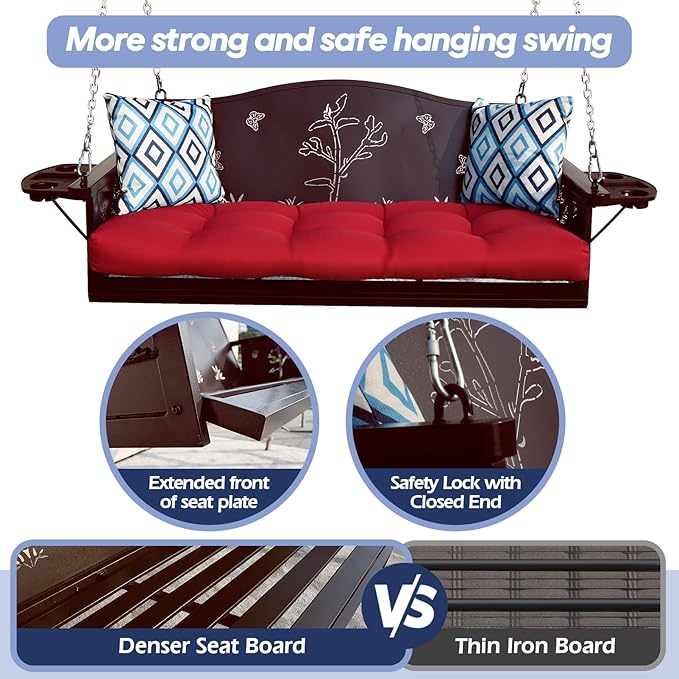 3-Seat Metal Porch Swing 900 LBS Heavy Duty Hanging Bench with Upgraded Tray ...
