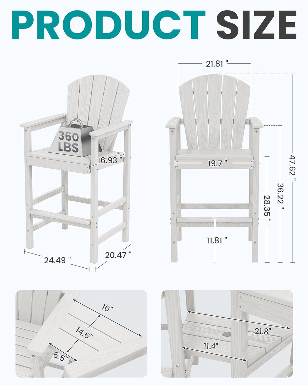 SERWALL Tall Adirondack Chairs Set of 2 with Double Layer Connecting Tray, HD...