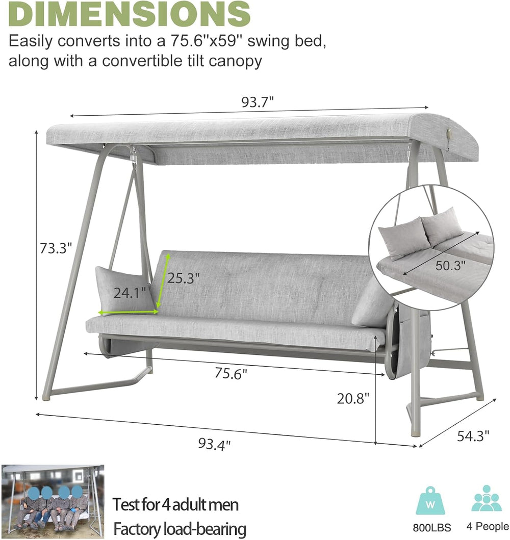3-4 Person Oversized Outdoor Porch Swing with Adjustable Backrest Canopy,2-in...