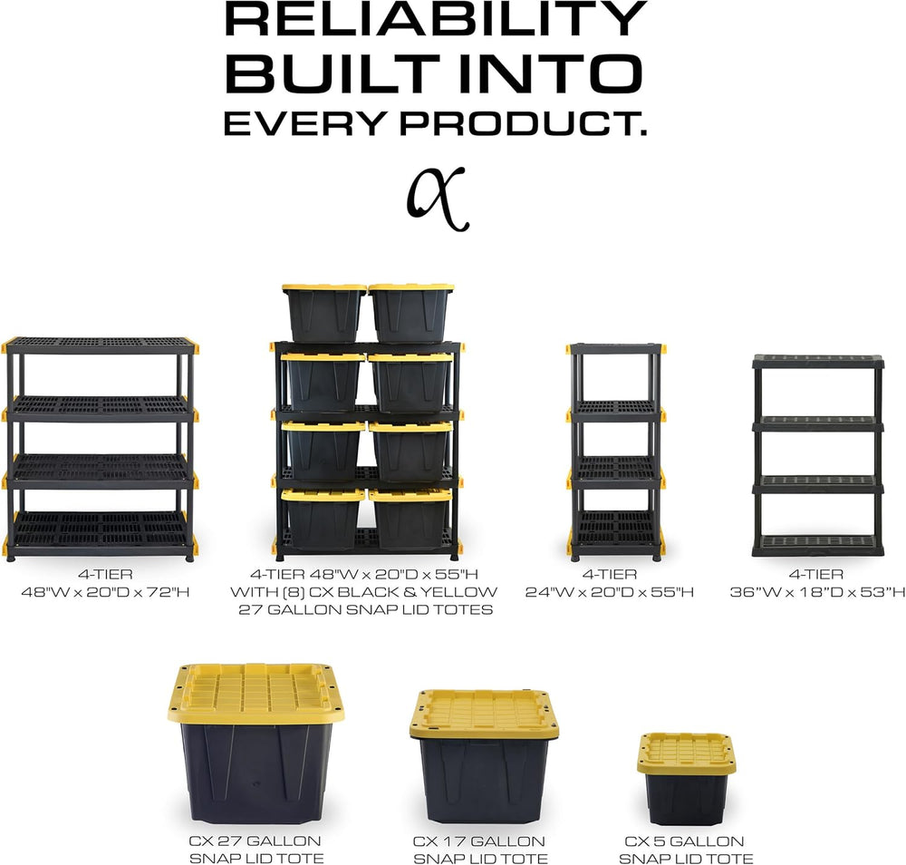 CENTREX 4-Tier Heavy Duty Plastic Storage Shelves for Garage, Black