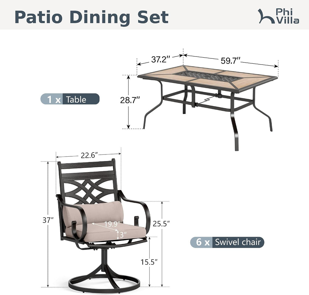 PHI VILLA Patio Dining Set, for 6, Swivel Chairs