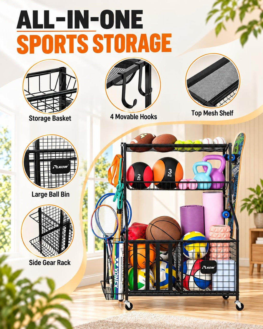 PLKOW Sports Equipment Storage for Garage, Ball Storage Organizer
