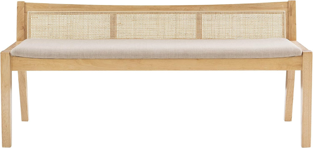 Powell Kasi Natural Low Back Cane Bench with Beige Upholstered Seat