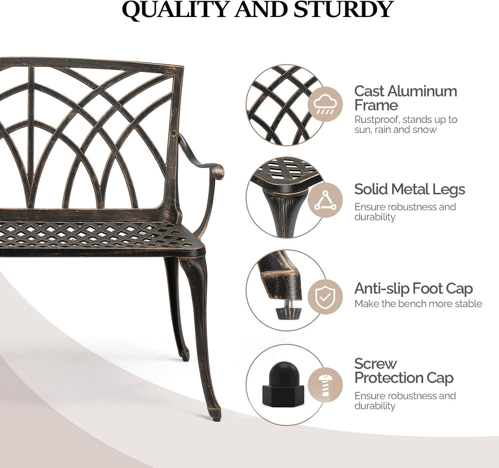 VINGLI 38" Outdoor Metal Bench, Cast Aluminium Garden Bench, Weatherproo...