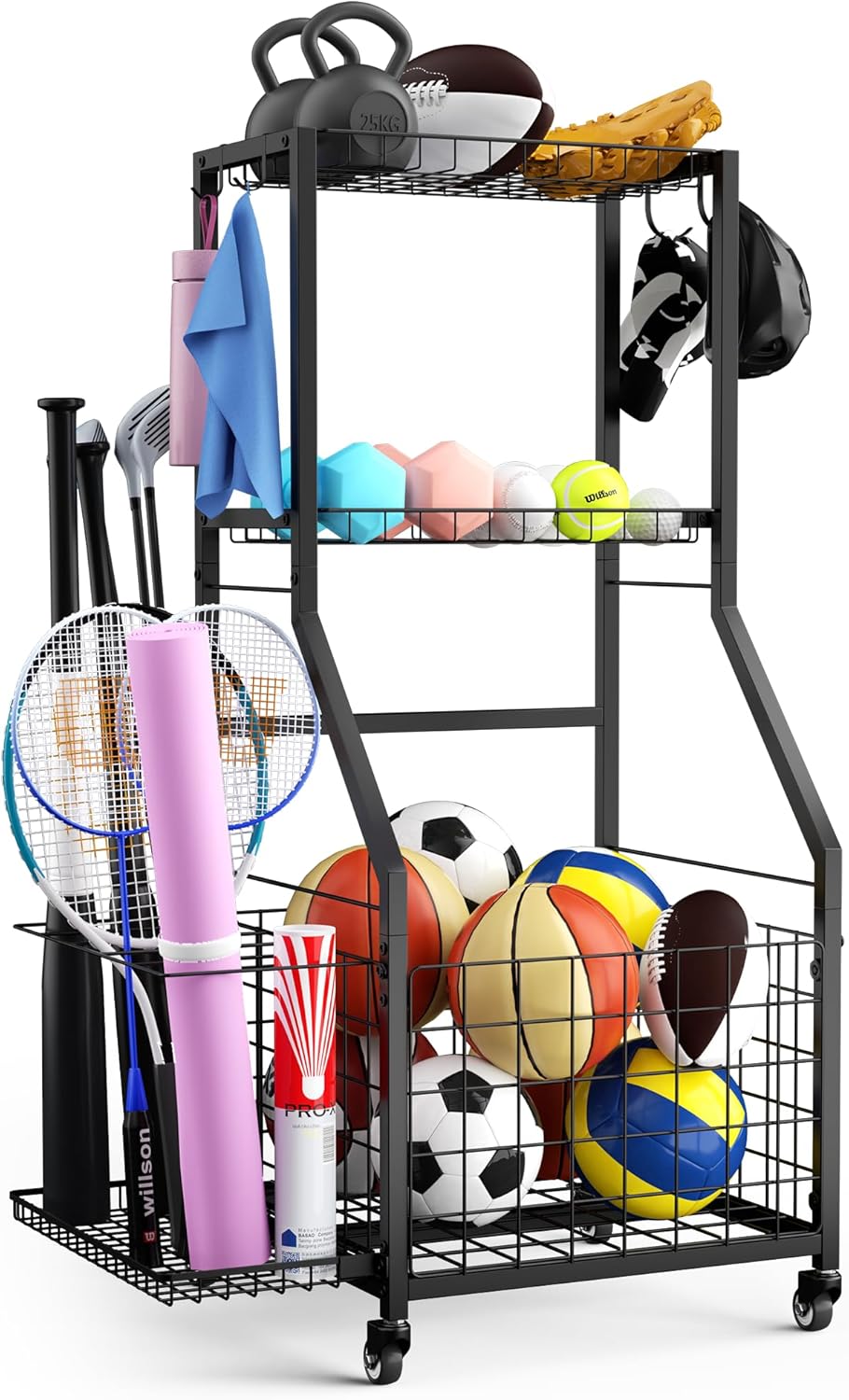 Sports Equipment Garage Organizer,Garage Ball Storage Rack for Sports with Wh...