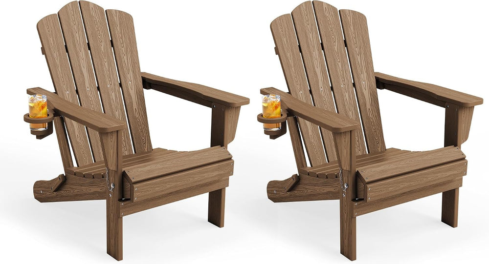 KINGYES Folding Adirondack Chair Set of 2 with Cup Holder, Brown