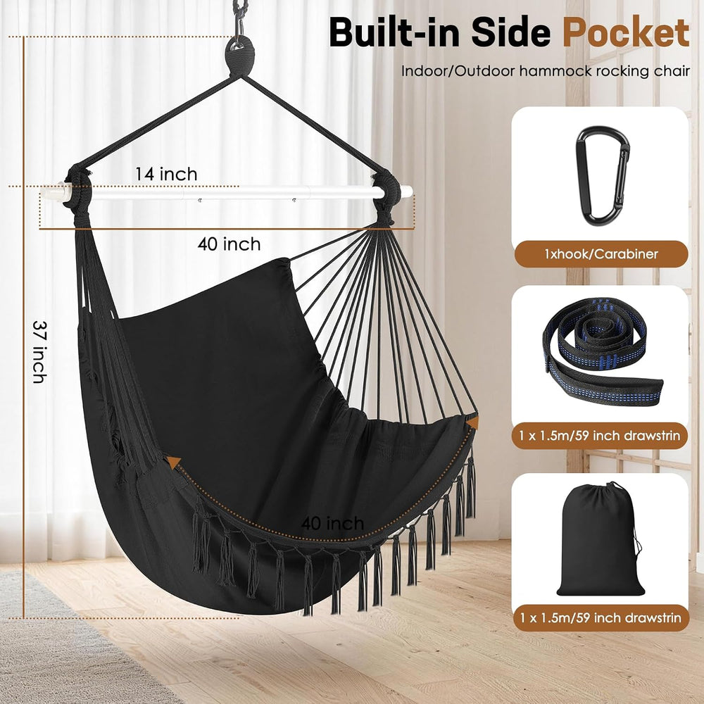 Hanging Swing Hammock Chair with Spreader Bar & Adjustable Straps - Black