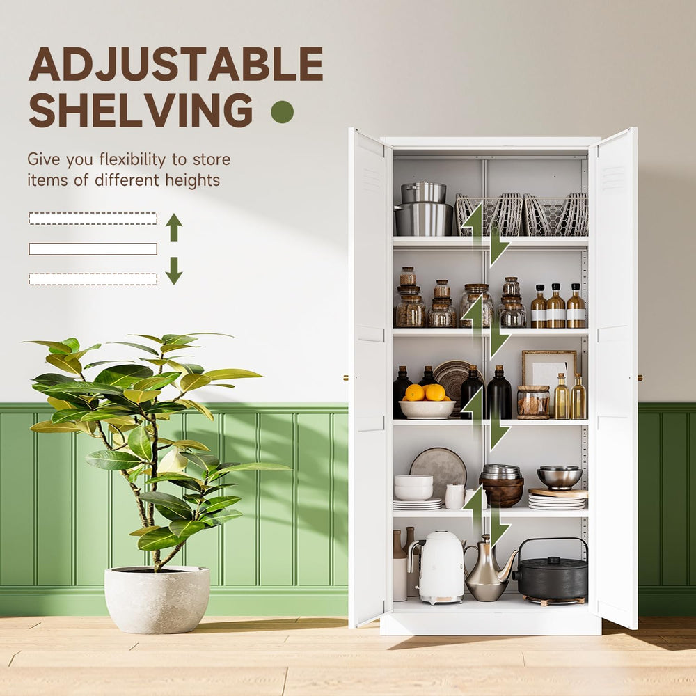 White Storage Cabinet with Adjustable Shelves-Metal Home Kitchen Pantry Cabin...