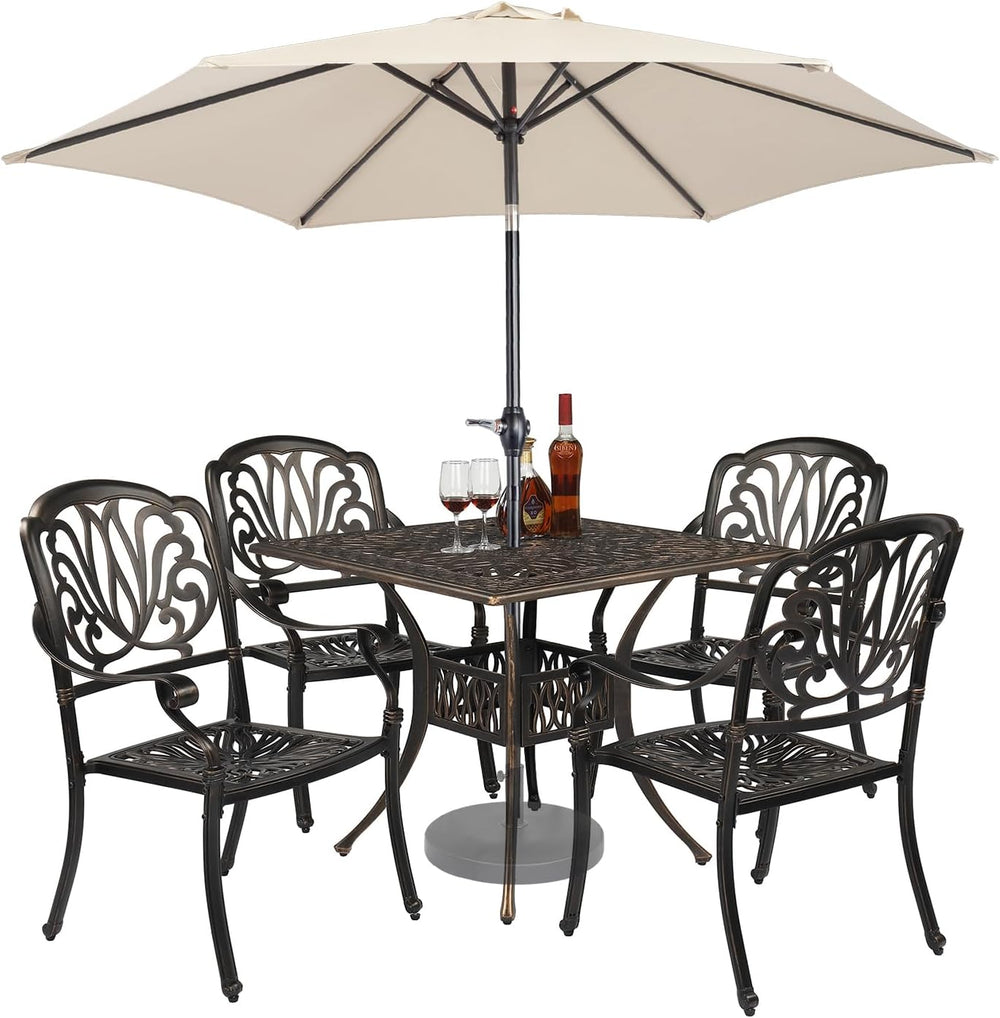 VINGLI 6-Piece Cast Aluminum Outdoor Patio Dining Set with 9ft Umbrella, Spac...