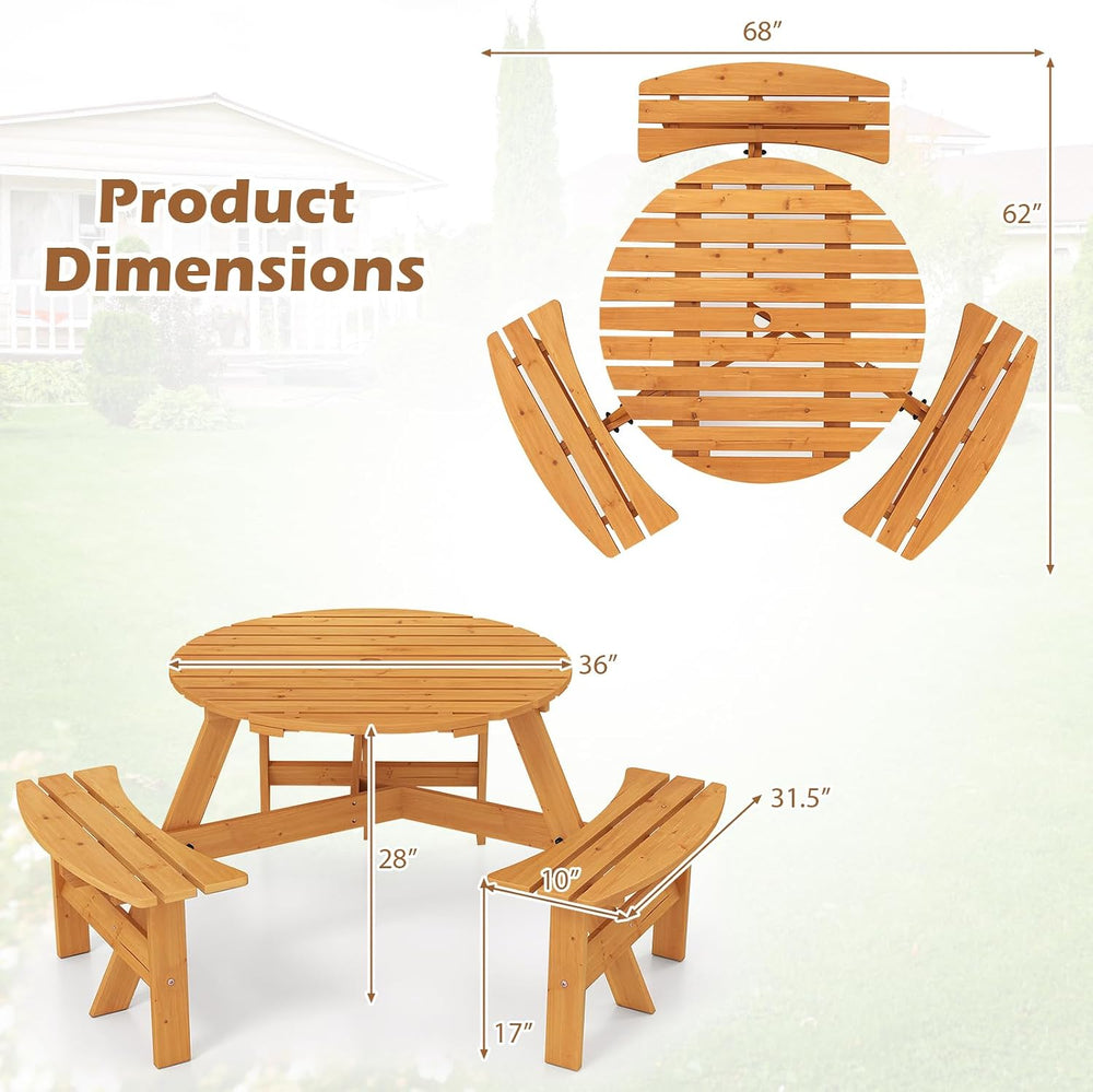 GIANTEX 6-Person Round Picnic Table Set with 3 Benches, 550 LBS Bench Capacit...