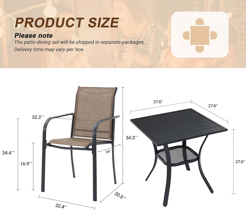 VICLLAX 3PCS Patio Dining Set, 28" Metal Table&2 Stackable Chairs,Brown