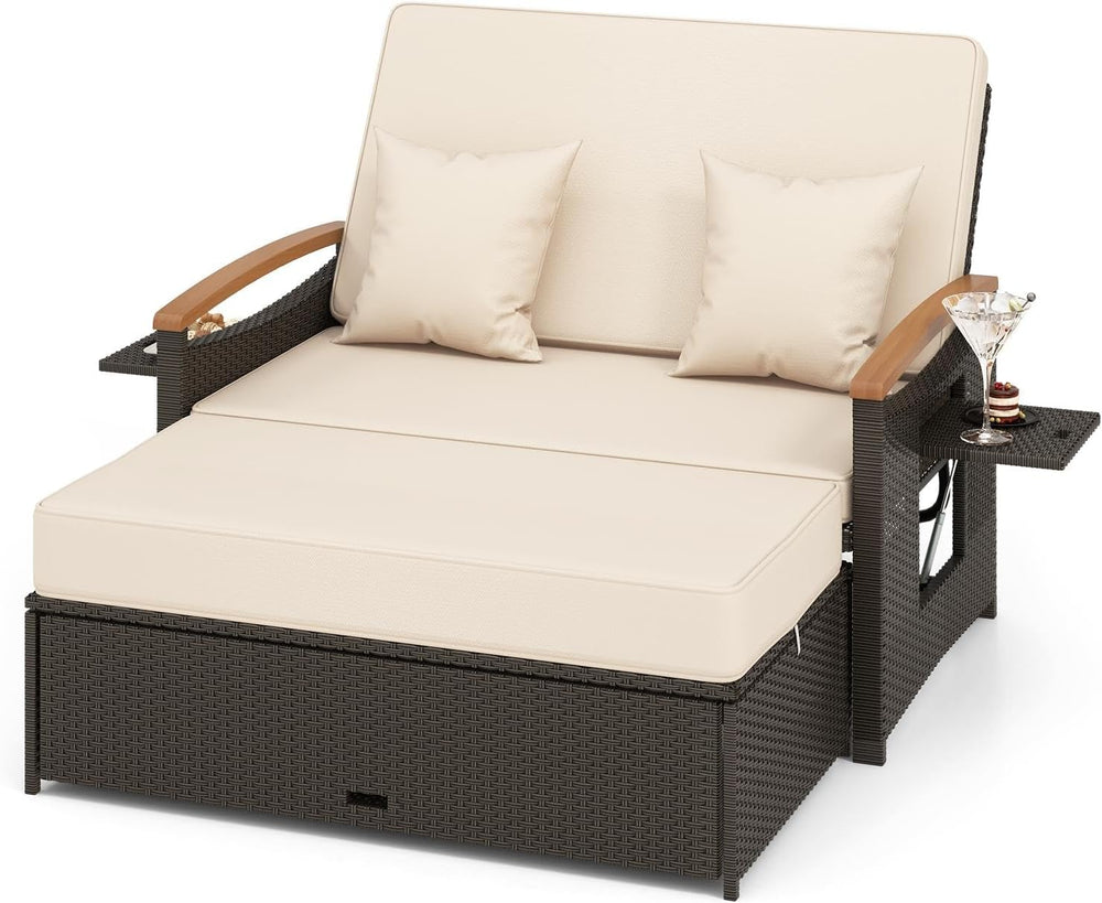 Moccha Outdoor Wicker Daybed, Patio Rattan Loveseat Sofa w/ 4-Level Adjustabl...