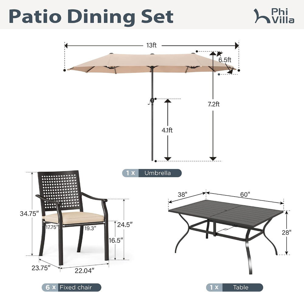 PHI VILLA Outdoor Table Chairs Set w/Umbrella, Patio Metal Furniture for 6